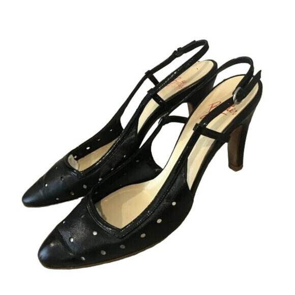 Butter Size 7 Black Leather Perforated Slingback Heels Shoes Almond Toe - Picture 1 of 8